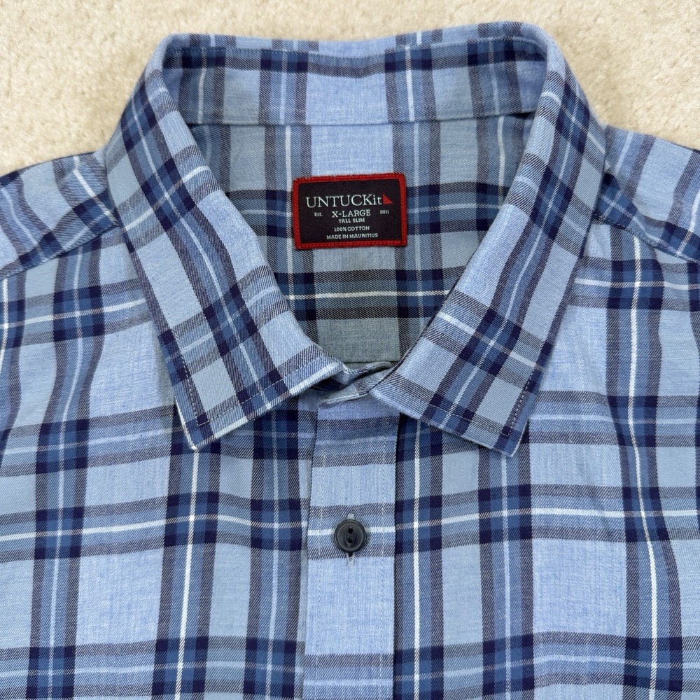 UNTUCKit Shirt Mens XL Tall Blue Plaid Short Sleeve 100% Cotton Slim Fit